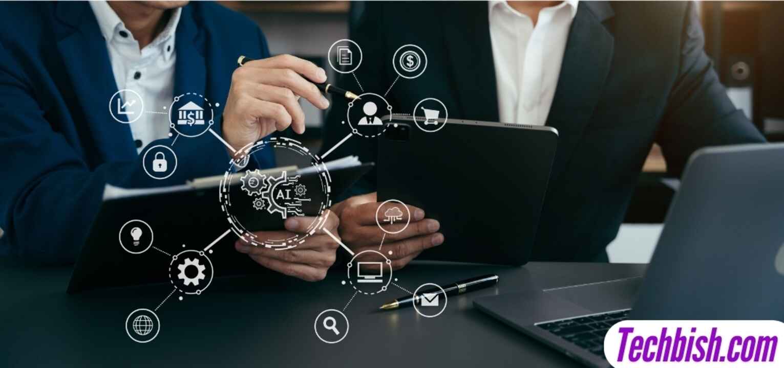 An image depicting two business professionals engaged at a workstation with digital overlays illustrating AI-driven outsourcing. These overlays show interconnected icons representing artificial intelligence, data security, finance, customer service, and cloud computing, symbolizing the integration of AI technologies in modern business processes. The scene underscores the transformative impact of AI on automating and enhancing business operations across various industries.