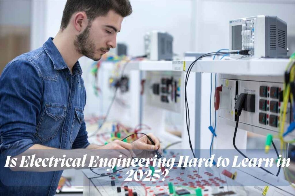 A young man in a denim shirt working on an electrical engineering project in a laboratory filled with electronic equipment and wiring. The text reads 'Is Electrical Engineering Hard to Learn in 2025? Breaking It Down,' suggesting an analysis of the subject's difficulty in the modern era.