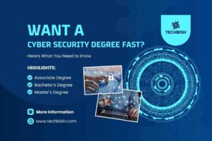 Techbish cyber security degree ad explaining how long to get a cyber security degree. Highlights fast-track associate, bachelor’s, and master’s programs. Features a laptop with security icons, digital security visuals, and text ‘Want a Cyber Security Degree Fast?’. Learn about accelerated cybersecurity education at www.techbish.com.