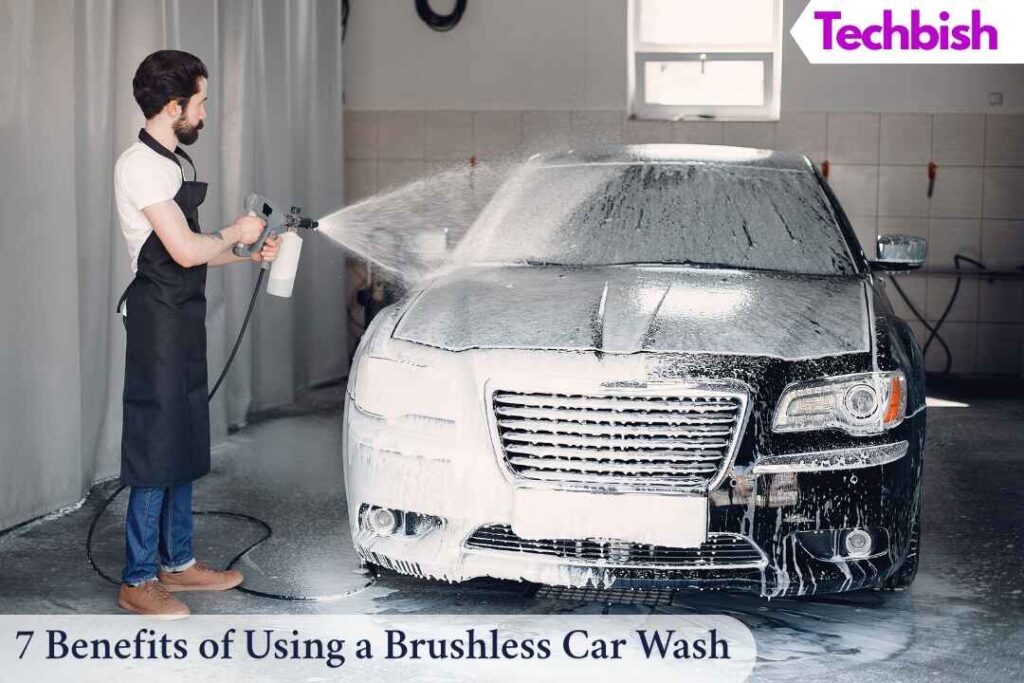 Man using high-pressure spray foam in a brushless car wash on a black luxury sedan indoors – benefits of touchless car cleaningMan using high-pressure spray foam in a brushless car wash on a black luxury sedan indoors – benefits of touchless car cleaning
