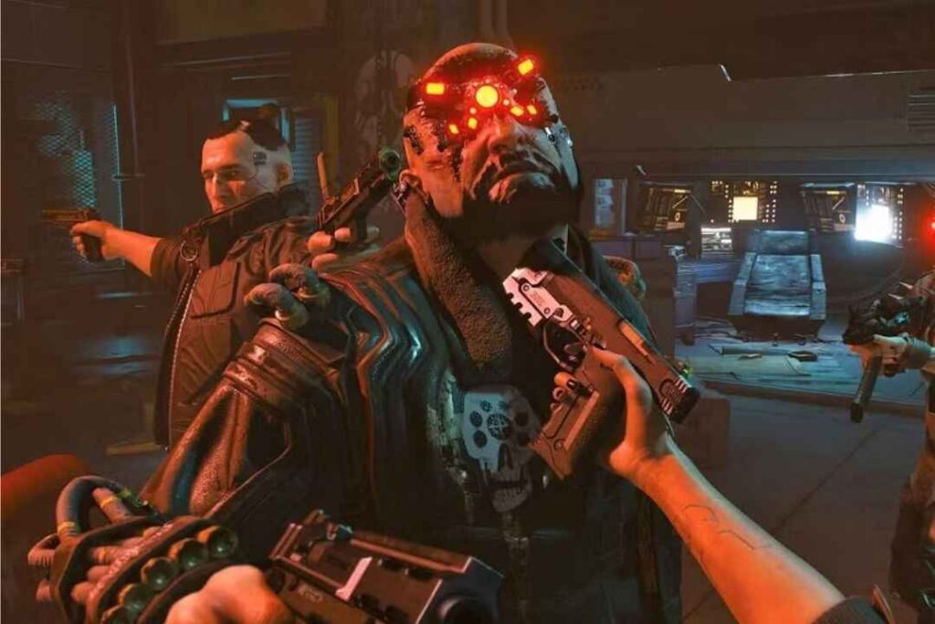 Cyberpunk 2077 gameplay scene featuring gang confrontation and futuristic characters in a dark neon-lit room