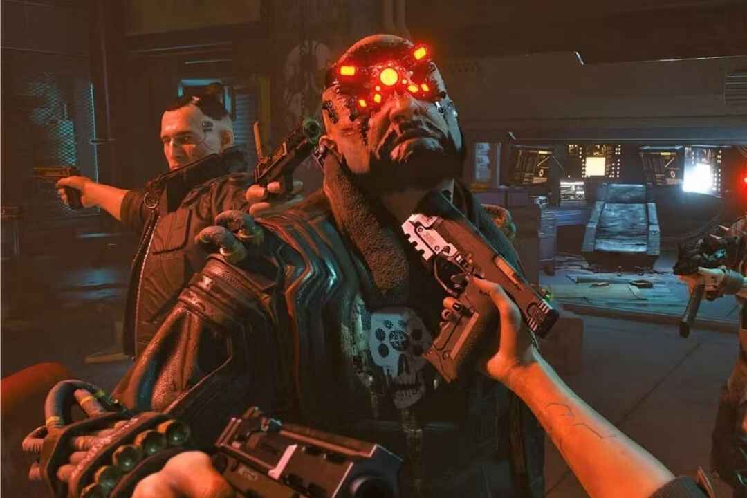 Cyberpunk 2077 gameplay scene featuring gang confrontation and futuristic characters in a dark neon-lit room