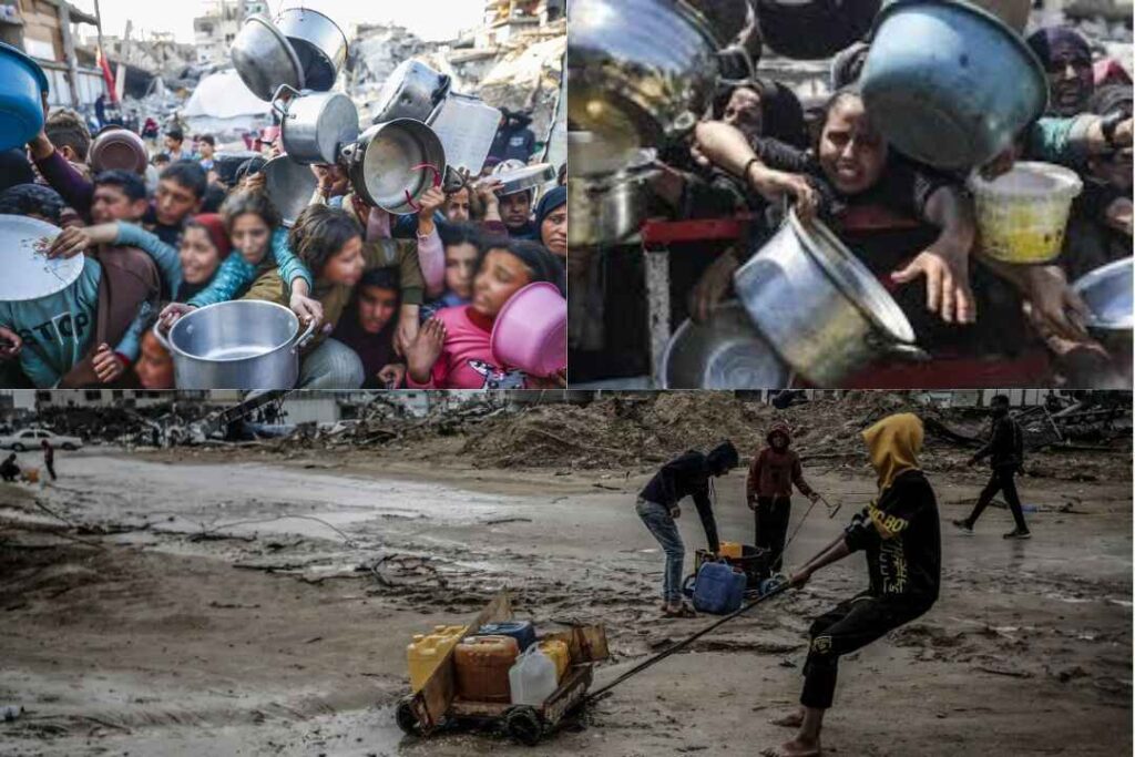 Children and families in Gaza hold empty pots while waiting for food aid amid rubble and destruction, highlighting the region's growing starvation crisis in July 2025.