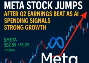 Meta Platforms headquarters logo displayed on building as Meta stock rises after strong Q2 earnings and AI spending announcement