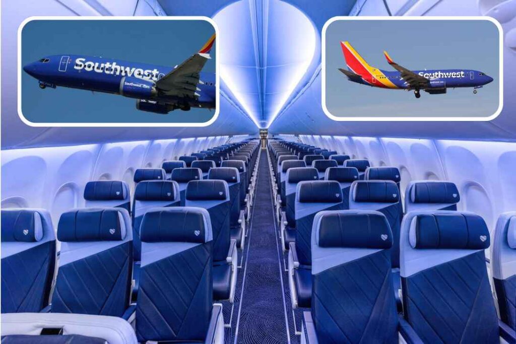 Southwest Airlines aircraft cabin interior with two insets showing the Boeing 737 in flight, related to the Southwest flight Burbank collision incident.
