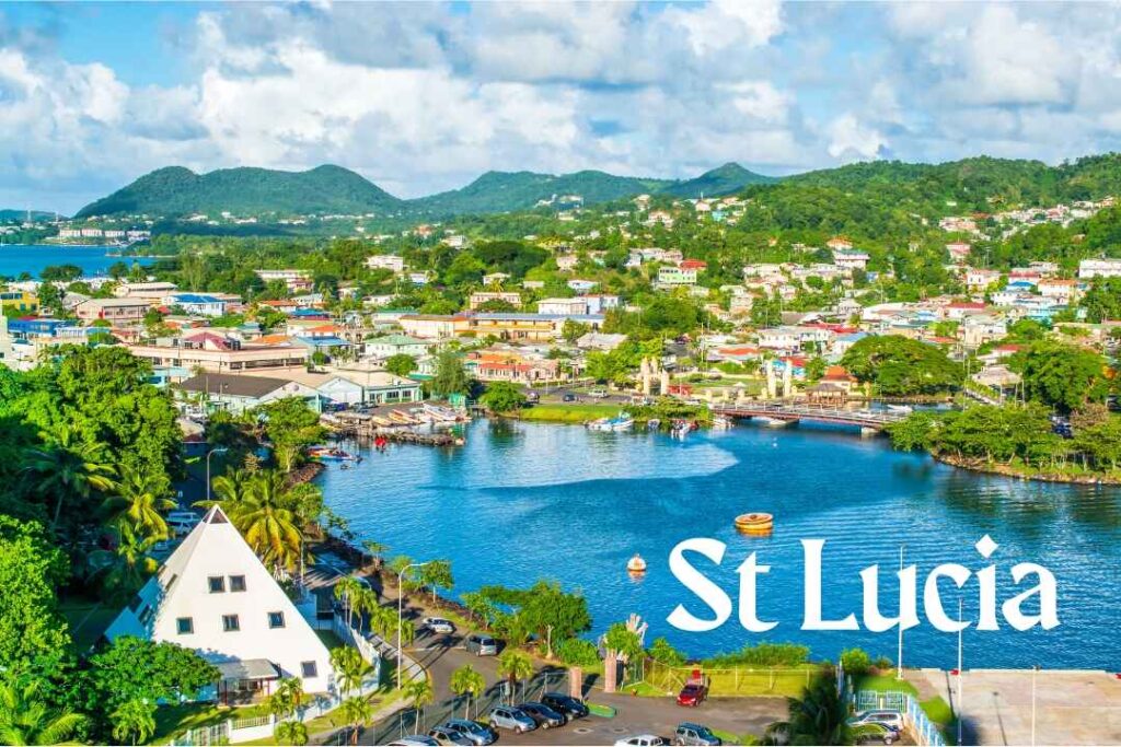 A panoramic view of Castries, St Lucia in 2025, highlighting safe tourist areas, scenic landscapes, and vibrant communities ideal for expats, families, and travelers exploring the Caribbean island.