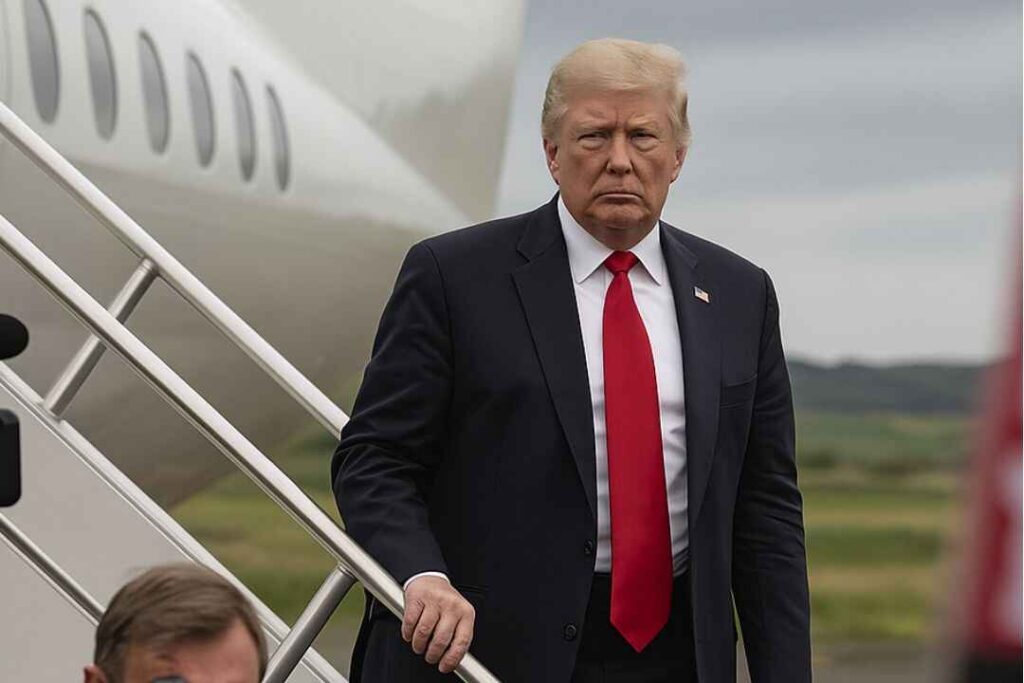 Former U.S. President Donald Trump arrives in Scotland during his 2025 visit to Turnberry Golf Course.