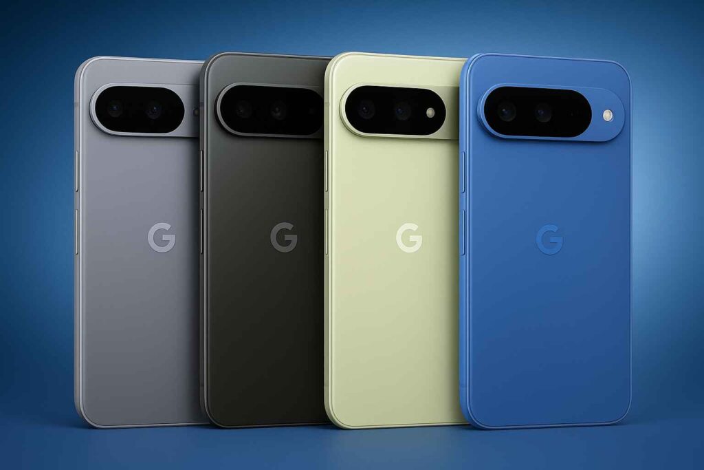 Google Pixel 10 series smartphones in gray, black, green, and blue colors with upgraded Gemini AI and Tensor G5 design