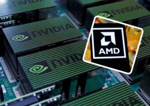 Nvidia and AMD logos on high-performance AI chips, illustrating U.S.–China export deal with 15% revenue share to U.S. government.
