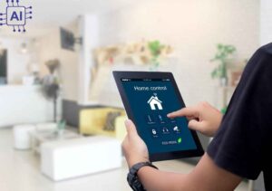 Person controlling smart home functions using a tablet interface, symbolizing Smart Homes Using AI in India Opening Up New Possibilities.