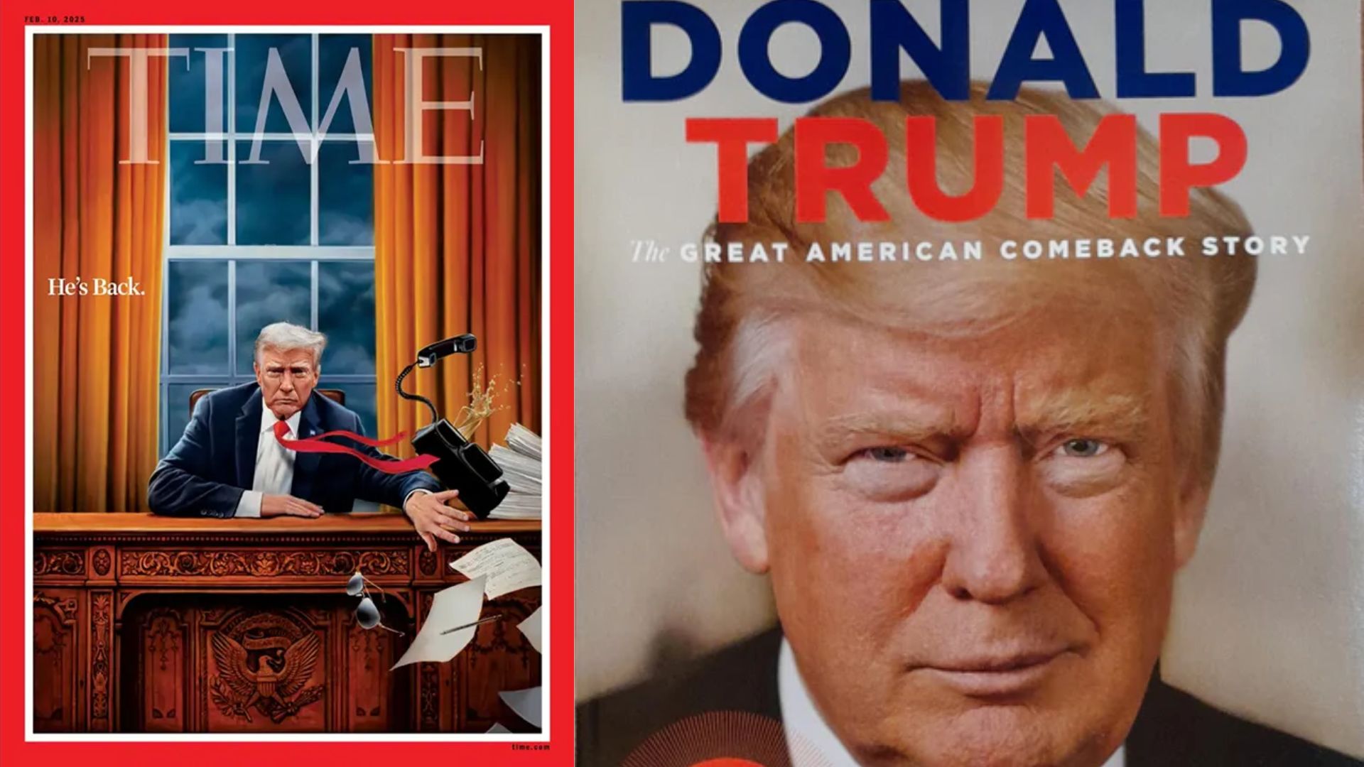 Time Magazine cover featuring Donald Trump with headline “He’s Back,” symbolizing political comeback and controversy.
