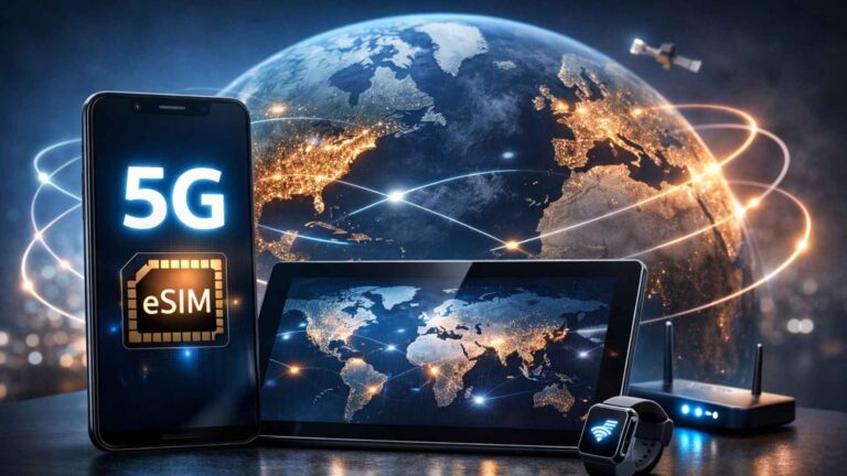 Realistic illustration of a smartphone, tablet, smartwatch, and router connected via 5G eSIM technology, with Earth, satellite, and global network lines representing worldwide connectivity.