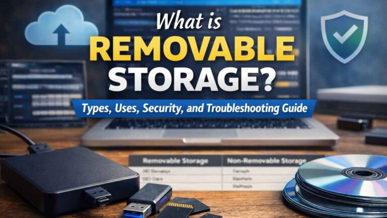 Realistic feature image of removable storage devices, including USB drives, external HDDs/SSDs, SD cards, and CDs/DVDs. Designed for the article 'What is Removable Storage: Types, Uses, Security, and Troubleshooting Guide', visually representing data transfer, backups, and secure portable storage.