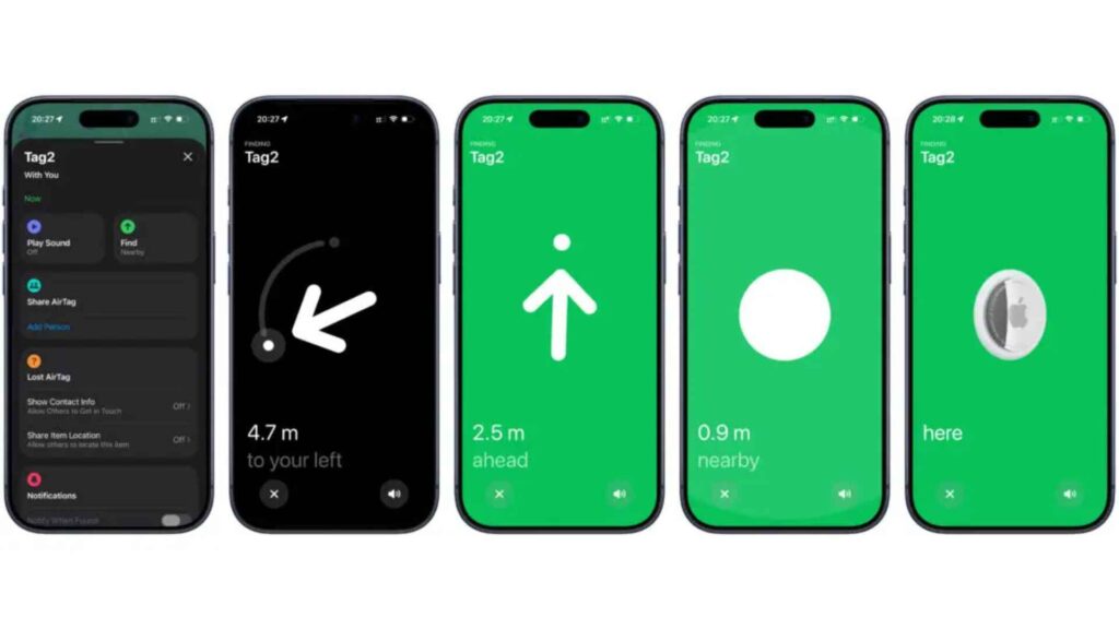Apple AirTag 2 Precision Finding feature displayed on iPhone screens, demonstrating improved tracking range and enhanced device support for easier item location.