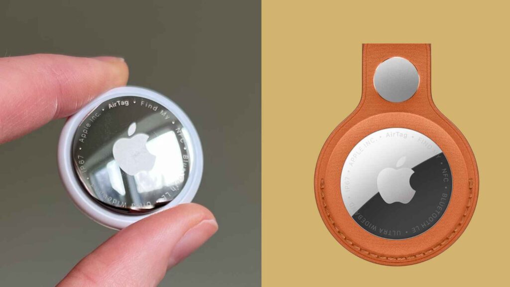 Apple AirTag 2 tracker displayed next to a leather accessory holder, showing the device’s compact circular design and continued support for existing AirTag accessories.