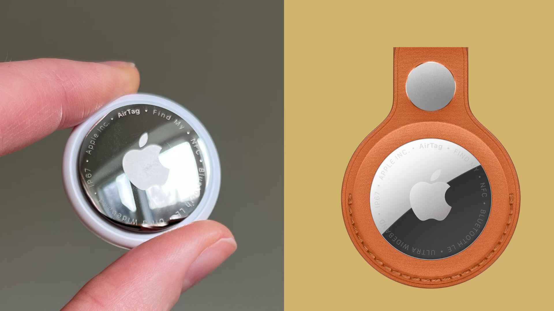 Apple AirTag 2 tracker displayed next to a leather accessory holder, showing the device’s compact circular design and continued support for existing AirTag accessories.