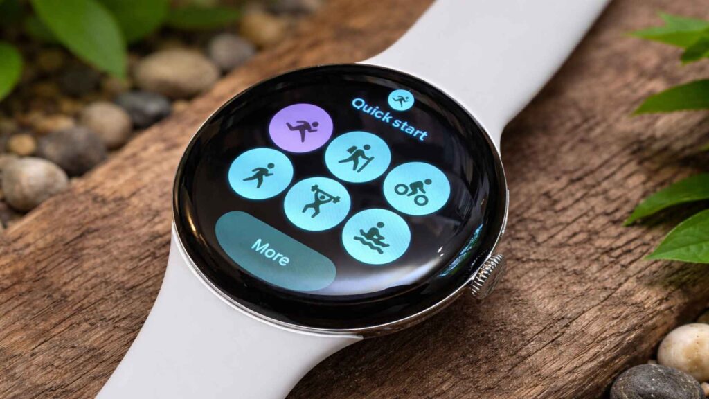 Google Pixel Watch 4 displaying fitness workout modes and health tracking options on its circular AMOLED screen.