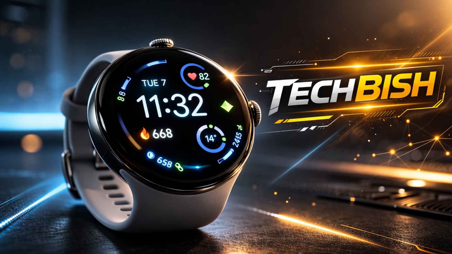 Google Pixel Watch 4 with Actua 360 curved display showing fitness stats, heart rate, and time against a futuristic tech background.