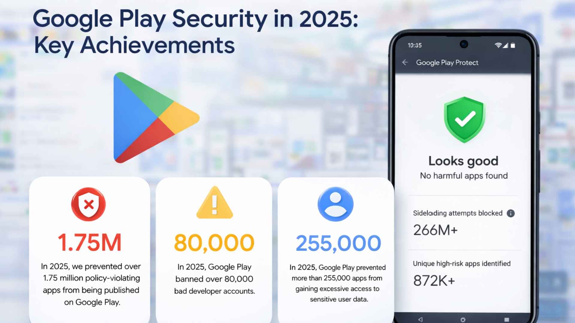 Google Play Security Report 2025 infographic showing 1.75 million harmful apps blocked, 80,000 developer accounts banned, 255,000 privacy violations stopped, and Play Protect blocking 266 million risky installs.