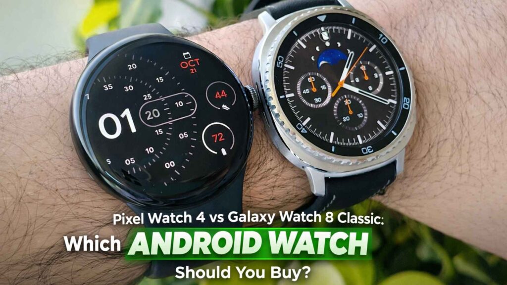 Pixel Watch 4 vs Galaxy Watch 8 Classic wrist comparison smartwatch image.