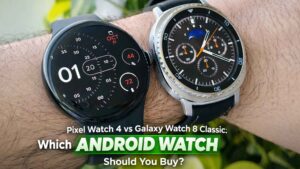 Pixel Watch 4 vs Galaxy Watch 8 Classic wrist comparison smartwatch image.