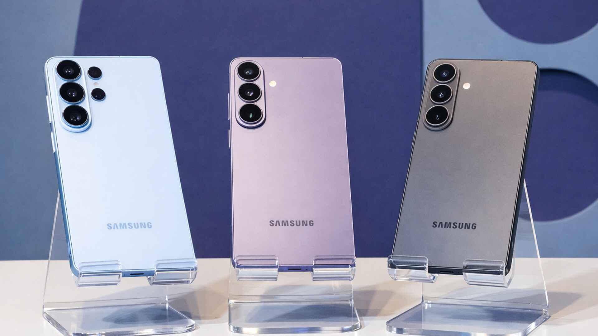Samsung Galaxy S26 Ultra, S26+, and S26 displayed in Sky Blue, Cobalt Violet, and Black colors at Unpacked 2026.