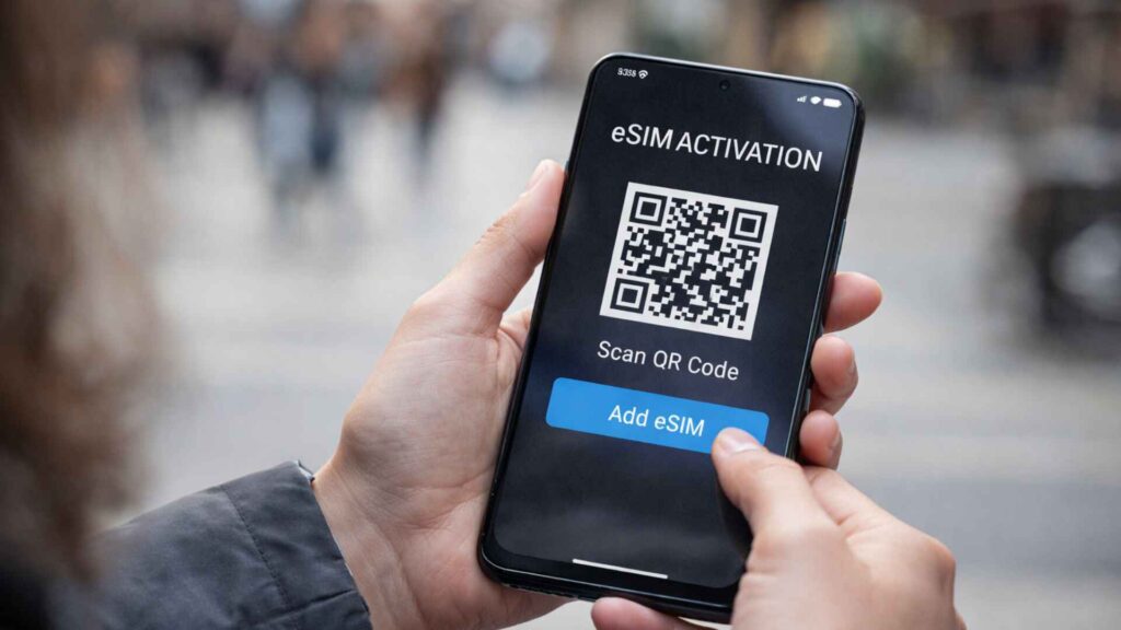 Smartphone showing eSIM replacing physical SIM activation, highlighting digital mobile connectivity in 2026.
