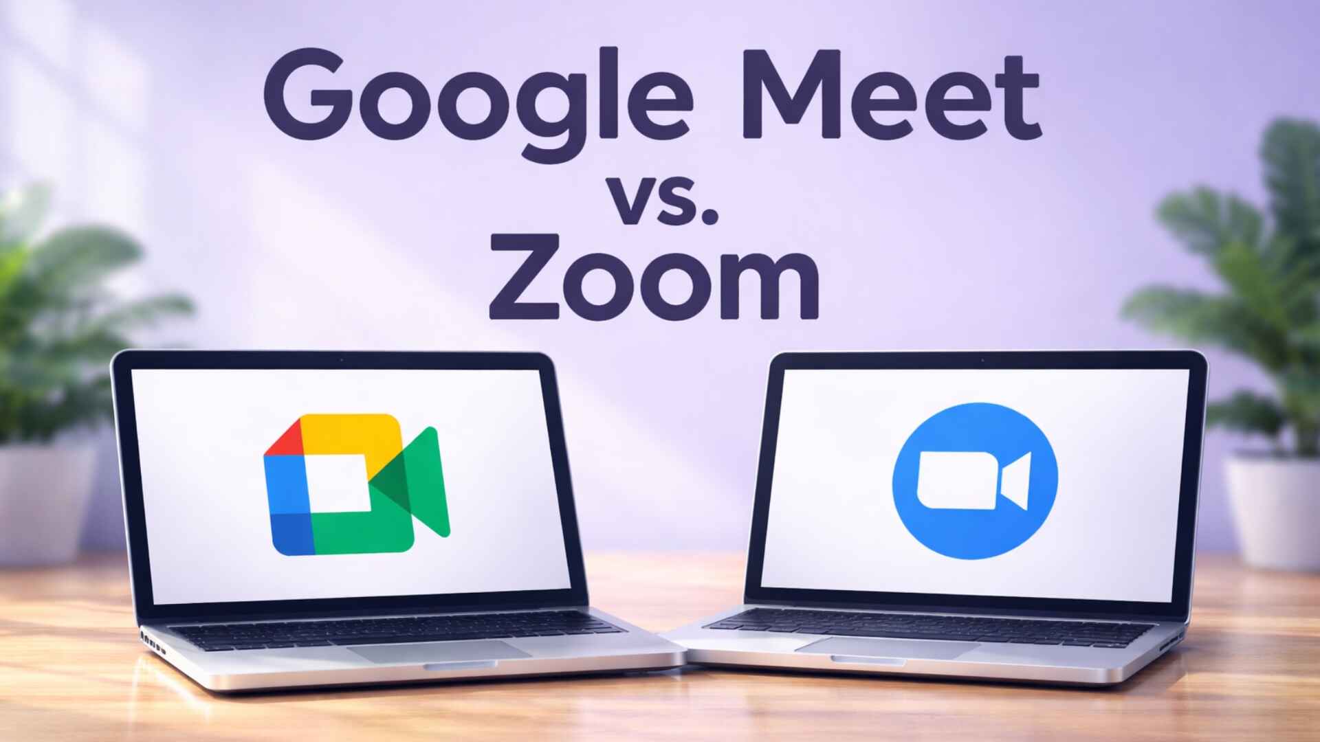 Zoom vs Google Meet comparison on laptops, showing the two video conferencing platforms side-by-side in a professional modern workspace.