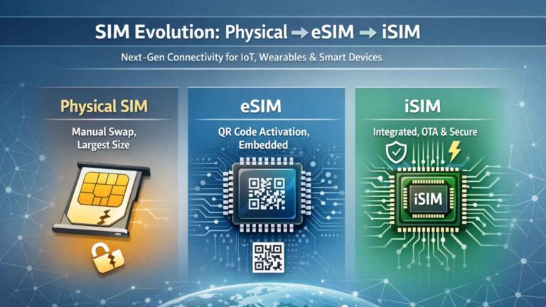 Evolution of SIM technology 2026 showing differences between Physical SIM, eSIM, and Integrated SIM (iSIM) for IoT and wearables.