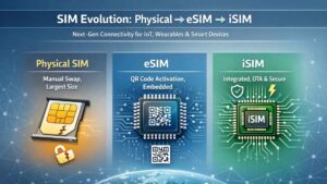 Evolution of SIM technology 2026 showing differences between Physical SIM, eSIM, and Integrated SIM (iSIM) for IoT and wearables.