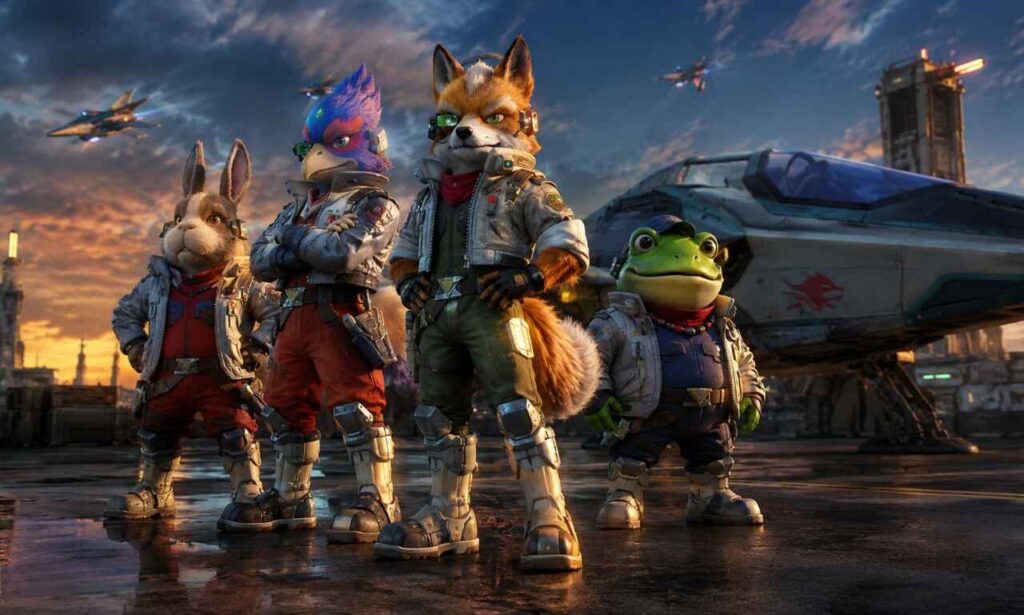 Star Fox 64 Remake cinematic artwork showing Fox McCloud-inspired team in a high-detail sci-fi battle scene, showcasing the Star Fox 64 Remake visual overhaul and futuristic space combat theme