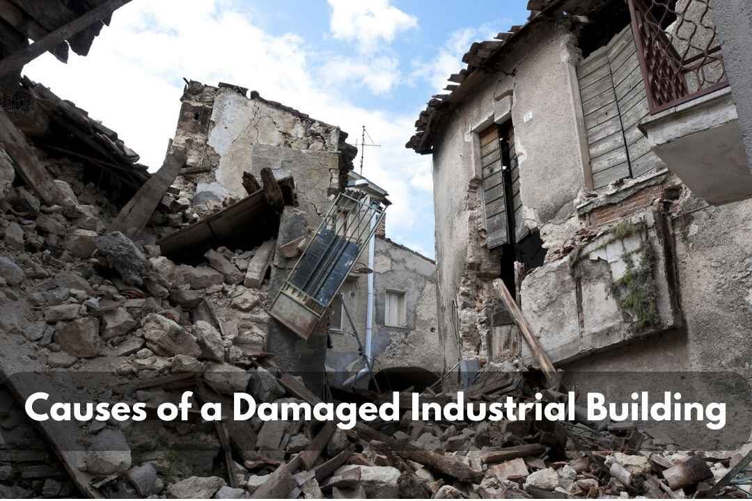 Causes of a Damaged Industrial Building Image of a heavily damaged building with collapsed walls, debris, and structural failure, illustrating the aftermath of a destructive event. The caption reads: 'Causes of a Damaged Industrial Building.