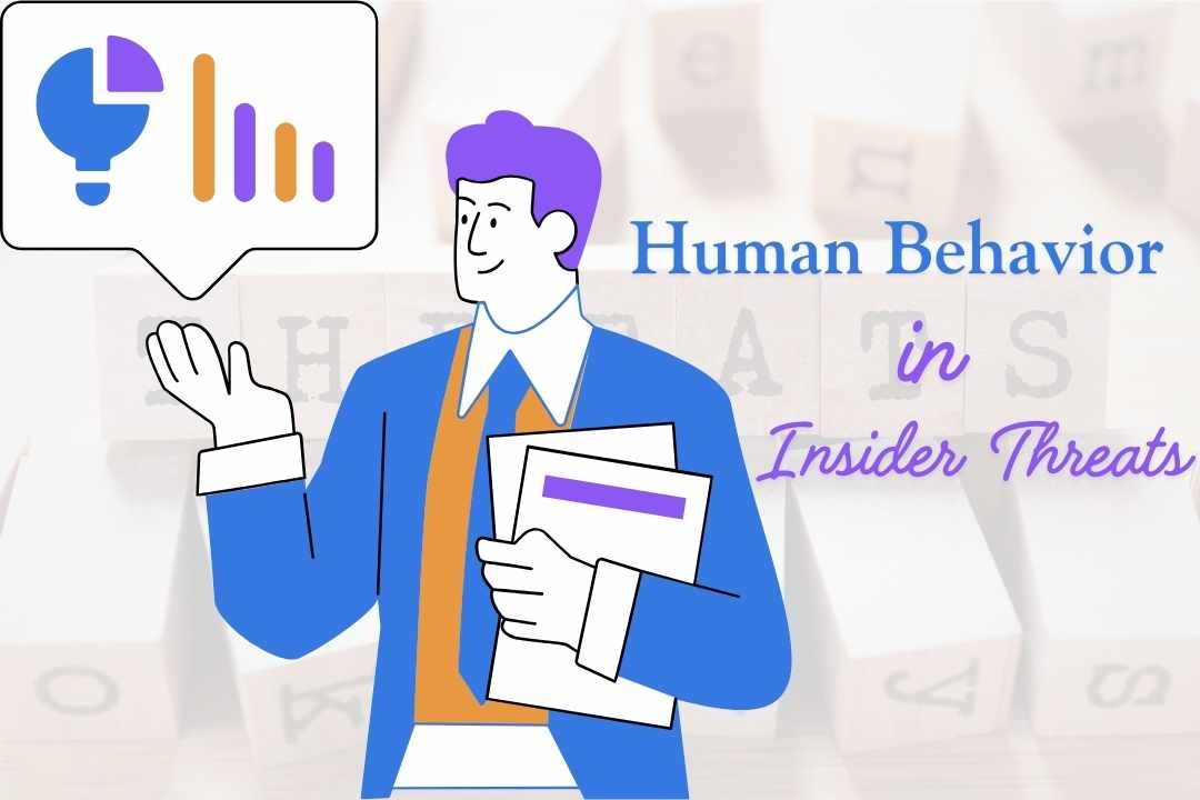 An illustration of a professional figure holding documents and gesturing, with a speech bubble displaying graphs and a lightbulb icon, symbolizing analysis. The text reads 'Human Behavior in Insider Threats,' highlighting the connection between human actions and security risks.